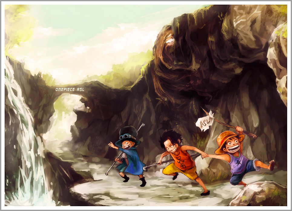 bad_id bad_pixiv_id black_hair blonde_hair cave cravat flag hat long_coat monkey_d_luffy multiple_boys one_piece portgas_d_ace sabo_(one_piece) sandals shirt short_hair shorts sleeveless sleeveless_shirt smile staff straw_hat top_hat tsuyomaru water waterfall wide-eyed younger