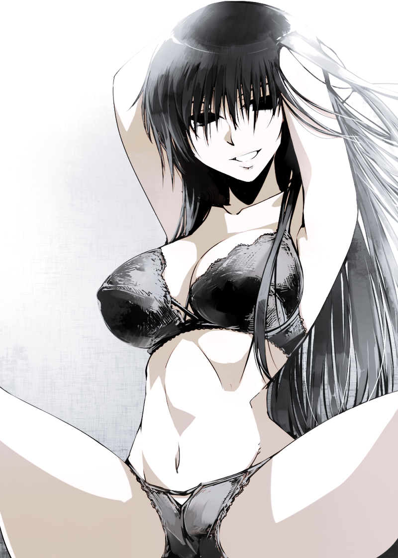 armpits arms_behind_head arms_up black_eyes black_hair bra breasts cosaten hagoromo_gitsune lace lace-trimmed_bra lace-trimmed_panties large_breasts lingerie long_hair navel nurarihyon_no_mago panties smile solo spread_legs underwear underwear_only