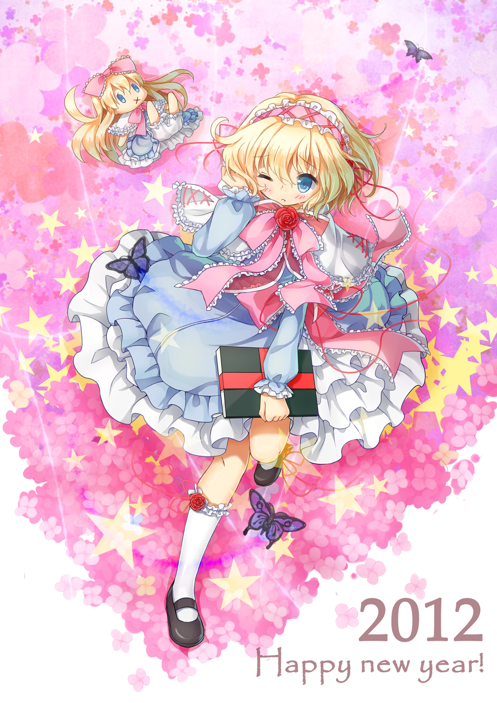 2012 :x adjusting_hair alice_margatroid blonde_hair bloomers blue_eyes blush book bow bug butterfly capelet doll dress hairband highres insect long_hair mary_janes new_year one_eye_closed shanghai_doll shoes short_hair silver15 solo touhou underwear wince