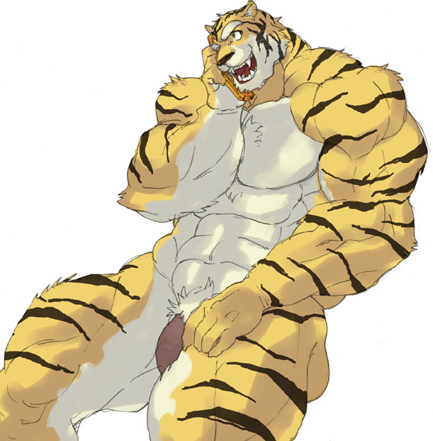 anthro cellphone feline huge_muscles male mammal muscles nude one_eye_closed penis phone plain_background smile solo telephone tiger unknown_artist white_background