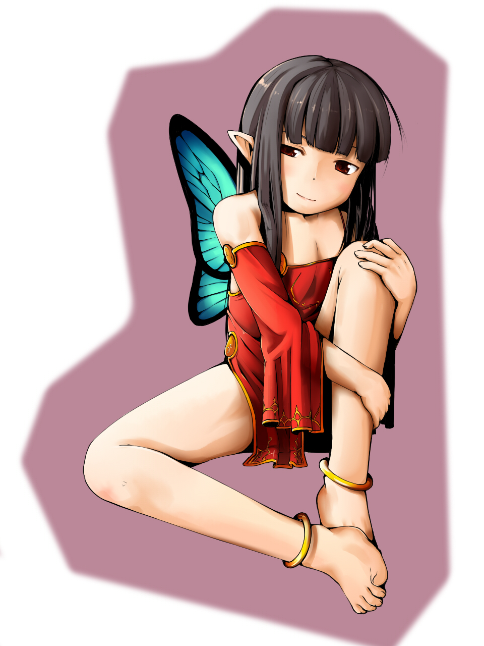 anklet barefoot black_hair butterfly_wings copyright_request feet flat_chest highres jewelry long_hair looking_at_viewer pointy_ears red_eyes shima_(sh1mamu) sitting smile solo toes wings