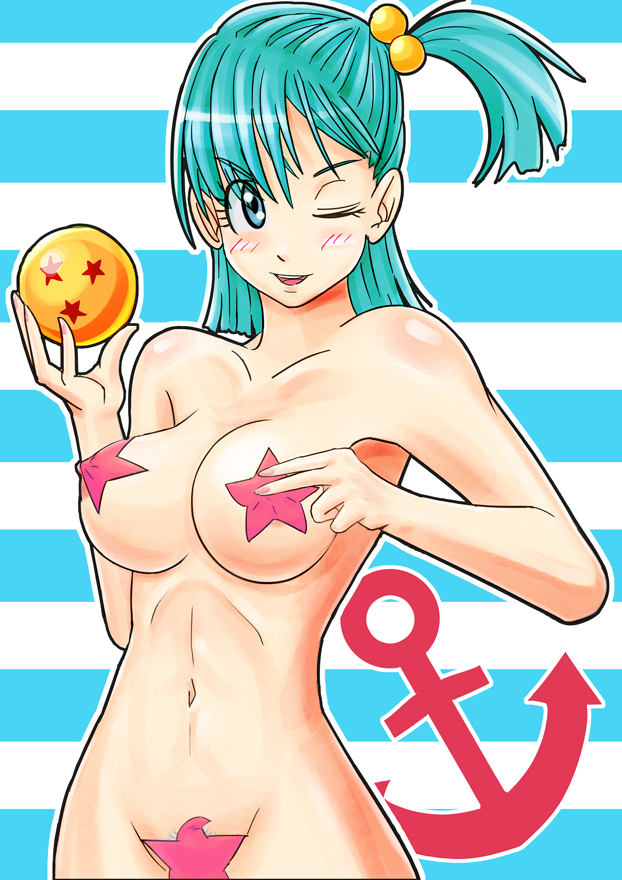 anchor blue_eye blue_eyes blue_hair blush breasts bulma dragon_ball dragonball green_hair hair_bobbles hair_ornament jeibii large_breasts looking_at_viewer maebari navel nipples nude open_mouth pasties pubic_hair side_ponytail simple_background solo star_maebari star_pasties striped_background wink