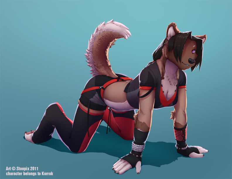 all_fours black_hair breasts canine cleavage clothed clothing female gloves goth hair looking_at_viewer mammal plain_background purple_eyes shorts solo stoopix tail tomboy wolf