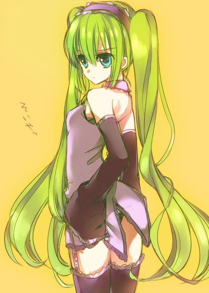 bad_id bad_pixiv_id detached_sleeves eruria garter_straps green_eyes green_hair hatsune_miku long_hair looking_back no_pants simple_background solo thighhighs twintails very_long_hair vocaloid