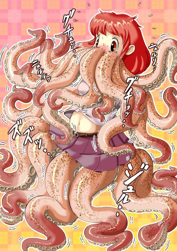 cephalopod checkered_background clothing edmol hair human japanese_text kemono mammal monster_girl navel octopus red_eyes red_hair skirt suckers tentacles text transformation what
