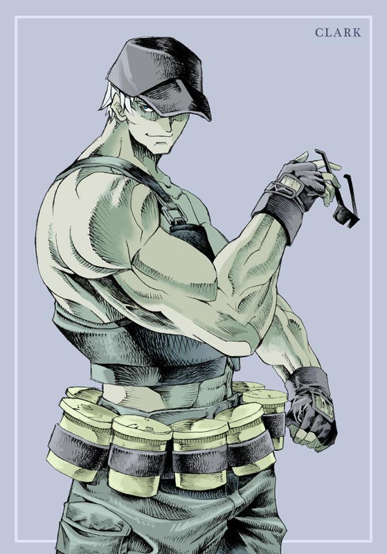 blonde_hair clark_steel clark_still glasses gloves king_of_fighters male male_focus military military_uniform muscle purple_background snk solo uniform