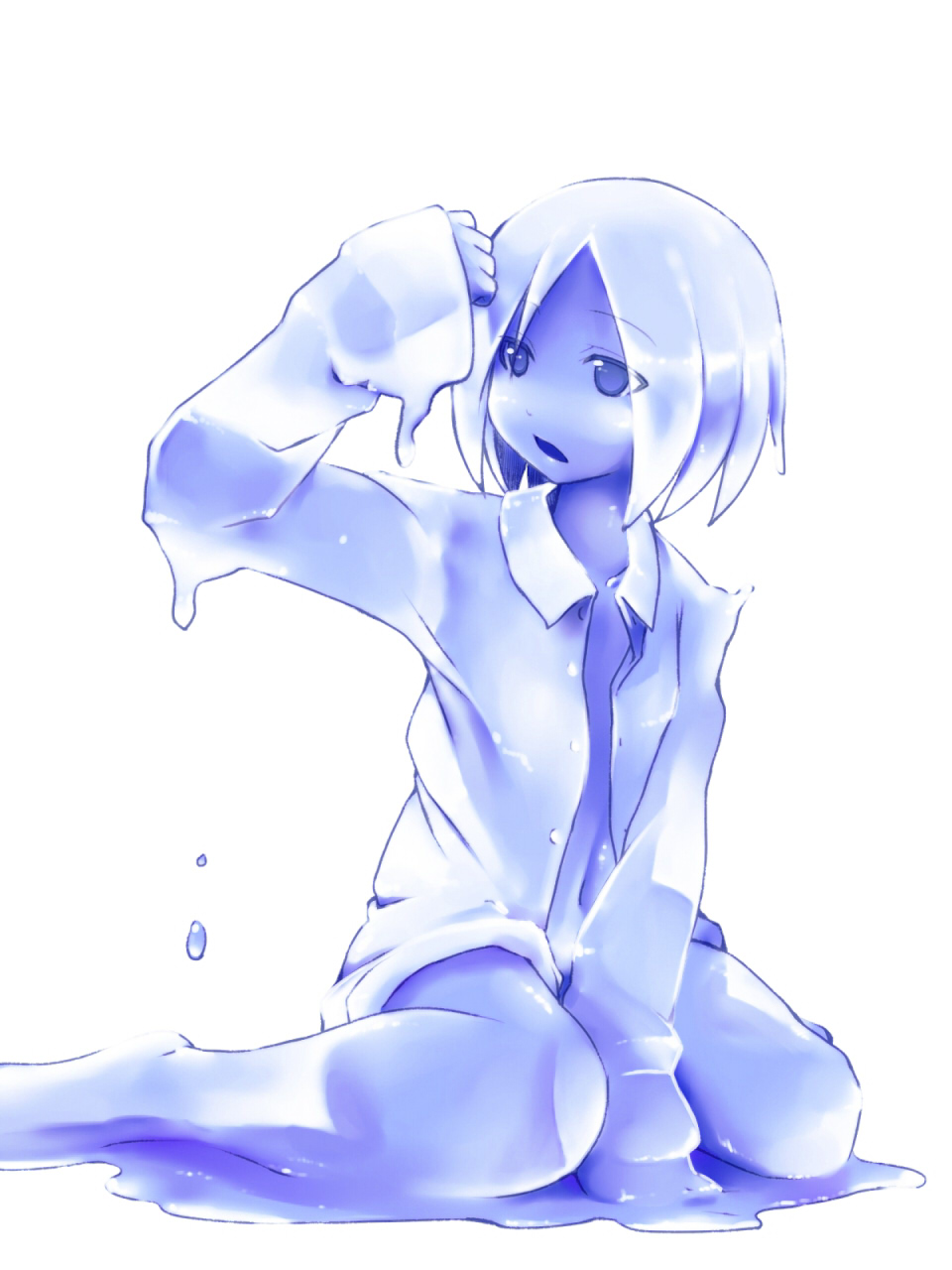 blue copyright_request goo_girl highres monochrome monster_girl naked_shirt navel open_clothes open_mouth shima_(sh1mamu) shirt short_hair simple_background sitting solo wariza