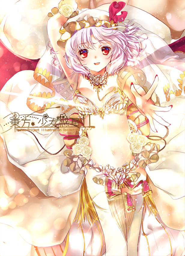 bad_id bad_pixiv_id bat_wings bra flower hat heco_(mama) lingerie navel outstretched_hand purple_hair red_eyes remilia_scarlet rose short_hair solo thighhighs touhou underwear white_flower white_legwear white_rose wings