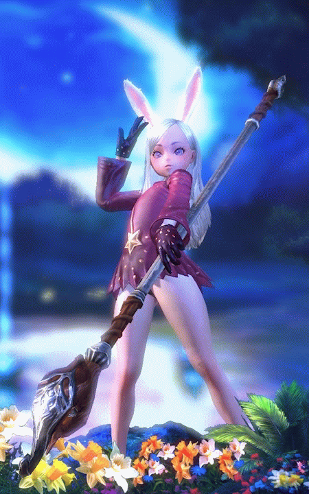 3d animated animated_gif elin_(tera) flat_chest flower hips legs no_pants purple_eyes silver_hair staff tera_online thick_thighs thighs
