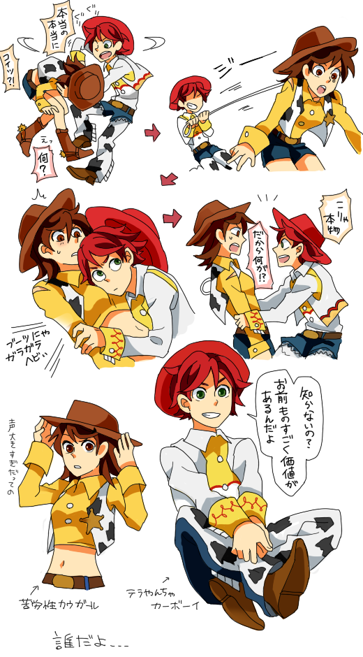 1girl bad_id bad_pixiv_id boots brown_eyes brown_hair cowboy_boots cowboy_hat genderswap green_eyes hat jessie_the_yodeling_cowgirl mato_(10234) midriff navel red_hair sheriff_woody toy toy_story translated