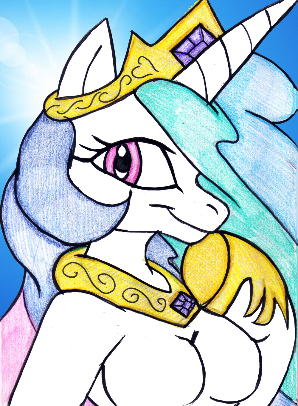anthrofied breasts crown equine female friendship_is_magic fur hair hooves horn mammal mhedgehog21 multi-colored_hair my_little_pony naturally_censored pink_eyes princess princess_celestia_(mlp) profile royalty smile solo white white_fur winged_unicorn wings