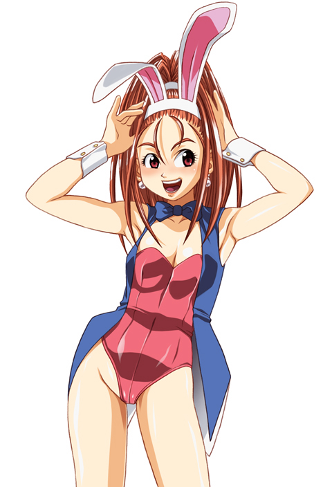 animal_ears armpits arms_up artist_request barbara bare_legs blush bow bunny_ears bunnysuit dragon_quest dragon_quest_vi earrings fake_animal_ears jewelry long_hair open_mouth red_eyes red_hair simple_background solo vest wrist_cuffs
