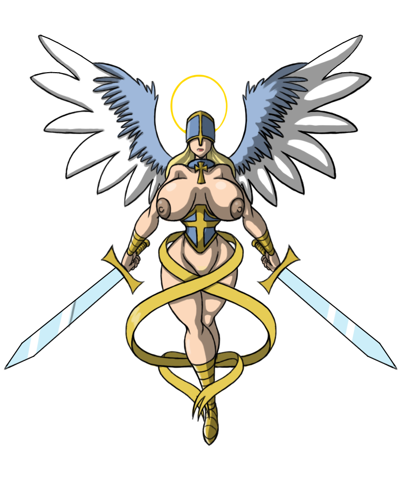 &dagger; big_breasts blonde_hair breasts clothed clothing cross female hair halo huge_breasts lordstevie nipples plain_background skimpy solo sword weapon white_background wings