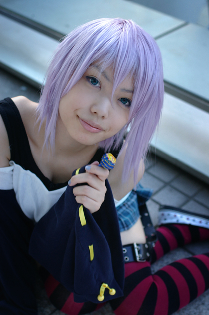 belt_as_garter candy cosplay kaieda_kae lollipop photo purple_hair rosario+vampire shirayuki_mizore striped tank_top thigh-highs thighhighs