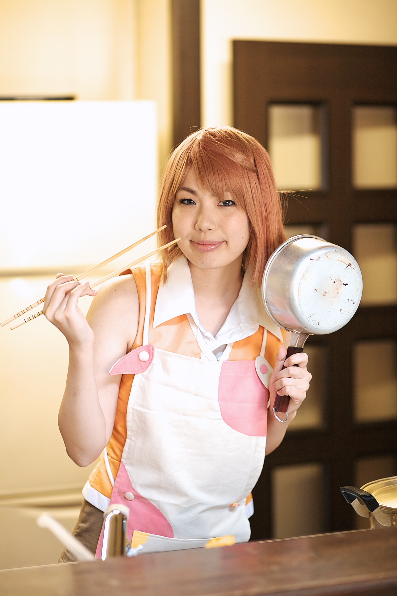 apron chopsticks cosplay highres mai_hime my-hime photo pot sauce_pan school_uniform serafuku tagme_model tokiha_mai