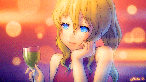 animated animated_gif bare_shoulders blinking blonde_hair blue_eyes blurry bokeh chin_rest cup depth_of_field dress drinking_glass eyelashes formal katawa_shoujo lips lowres mike_inel ponytail satou_lilly sidelocks smile solo wine_glass