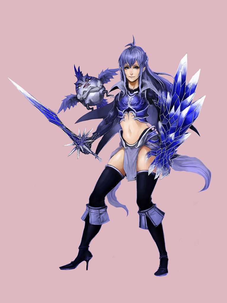 armor bad_id bad_pixiv_id boots breasts demon diamond gloves high_heels hips loincloth long_hair medium_breasts midriff muscle navel original purple purple_eyes purple_hair shoes smile solo sword thighhighs weapon wings youichi