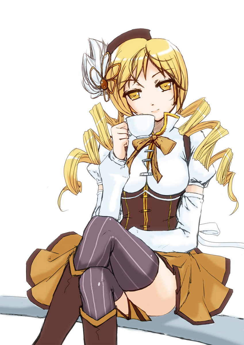 bad_id bad_pixiv_id blonde_hair bookseve cup detached_sleeves drill_hair highres long_hair mahou_shoujo_madoka_magica sitting solo tea teacup thighhighs tomoe_mami