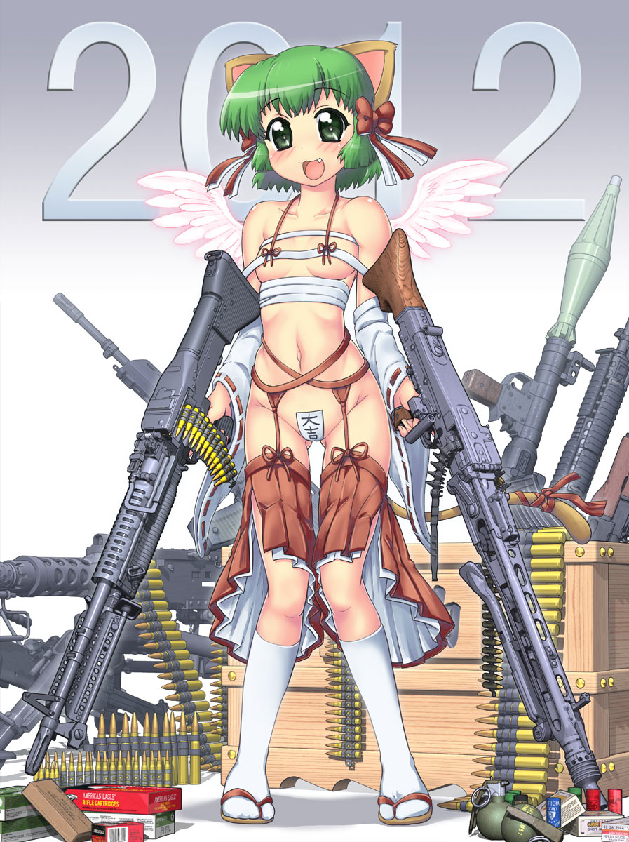 2012 :3 :d ak-47 ammunition_belt animal_ears assault_rifle bare_shoulders blush bow breasts browning_m2 crate dual_wielding explosive fang g36 green_eyes green_hair grenade gun hair_bow hase_yu highres holding kneehighs looking_at_viewer m16 m249 m60 m67 machine_gun maebari mg42 navel nyano open_mouth original revealing_clothes rifle rocket_launcher rpg sandals short_hair small_breasts smile solo tail trigger_discipline underboob weapon white_legwear wings