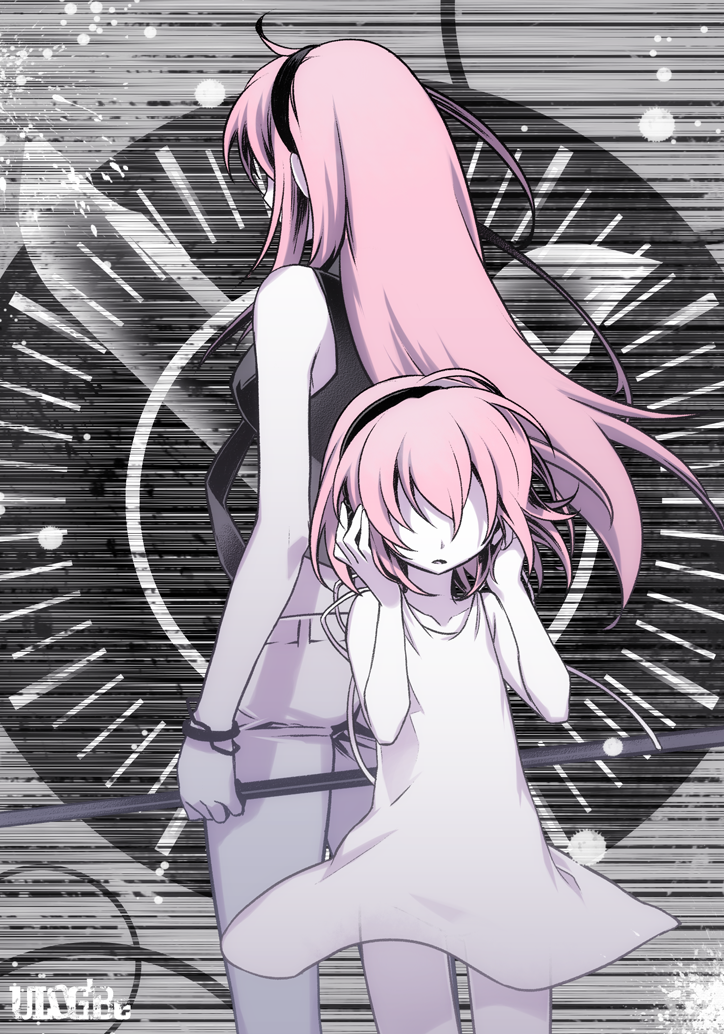 back-to-back dual_persona hair_over_eyes hairband long_hair megurine_luka multiple_girls negi_(ulog'be) pink_hair short_hair time_paradox vocaloid younger