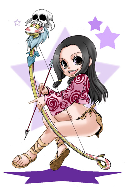 amazon arrow black_eyes black_hair boa_hancock bow_(weapon) chikaburo hips legs long_hair navel objectification one_piece salome_(one_piece) sandals skull smile snake weapon younger