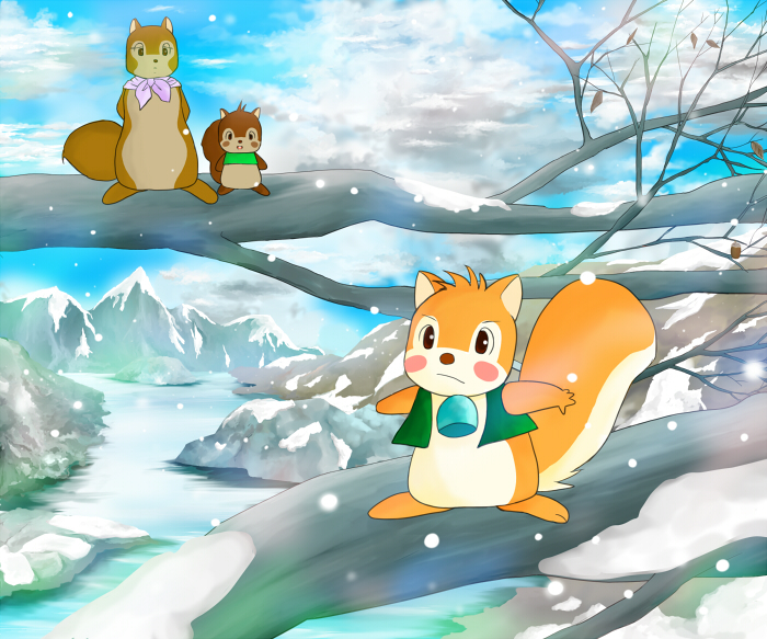 2boys 70s animal_ears banner_(bannertail) bannertail:_the_story_of_gray_squirrel bell bell_collar blush_stickers clay_(bannertail) collar forest lori_(bannertail) mountain multiple_boys nature neckerchief no_humans oldschool snow squirrel squirrel_ears squirrel_tail tail vest winter