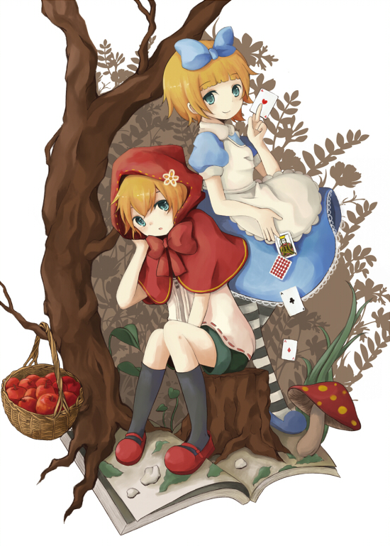 alice_(wonderland) alice_in_wonderland alternate_costume alternate_outfit apple aqua_eyes basket blonde_hair book bow bow_tie bowtie brother_and_sister card cosplay family food footwear fruit hair_bow hand_on_own_cheek hand_to_cheek hood kagamine_len kagamine_rin mushroom red_riding_hood red_shoes shoes shorts siblings sitting skirt smile socks striped tree tree_stump twins vocaloid