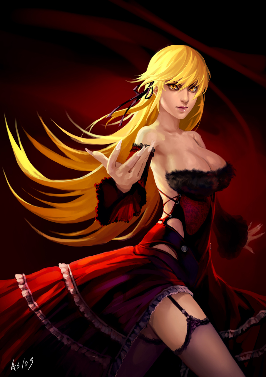 as109 backless_outfit bakemonogatari bare_shoulders blonde_hair breasts chinese_commentary cleavage commentary_request cross-laced_clothes detached_sleeves dress fingernails garter_straps highres kiss-shot_acerola-orion_heart-under-blade large_breasts legs lips long_fingernails long_hair monogatari_(series) solo thighhighs thighs yellow_eyes
