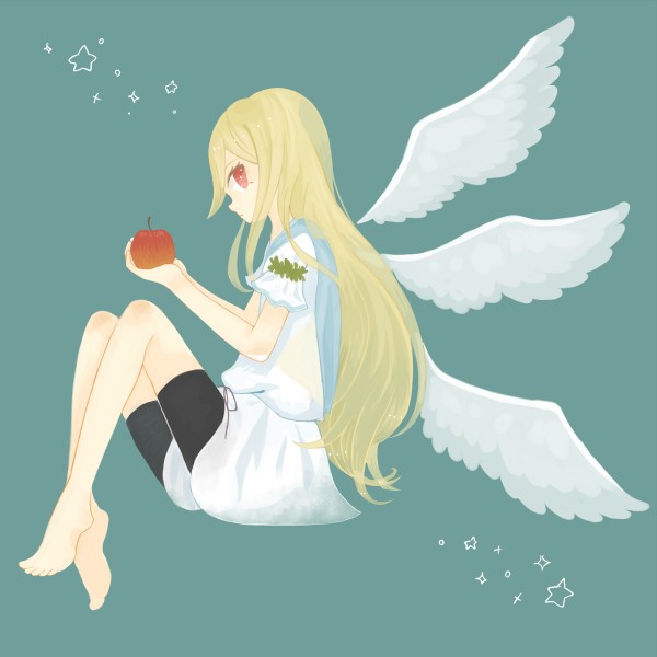 afuro_terumi androgynous apple barefoot blonde_hair food fruit inazuma_eleven inazuma_eleven_(series) long_hair rinkoro sitting solo star trap wings