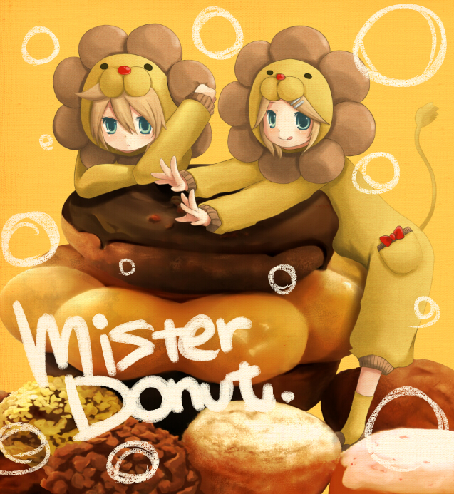alternate_outfit blonde_hair brother_and_sister costume family food hair_clip hair_ornament hairclip kagamine_len kagamine_rin licking_lips lip_licking siblings tongue_out twins vocaloid