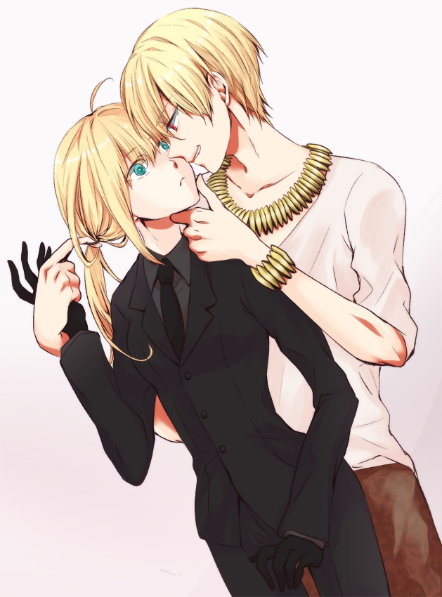 1girl ahoge artoria_pendragon_(all) black_gloves blonde_hair bracelet casual chrom fate/zero fate_(series) formal gilgamesh gloves green_eyes jewelry long_hair necklace necktie pant_suit ponytail red_eyes saber short_hair suit white_background