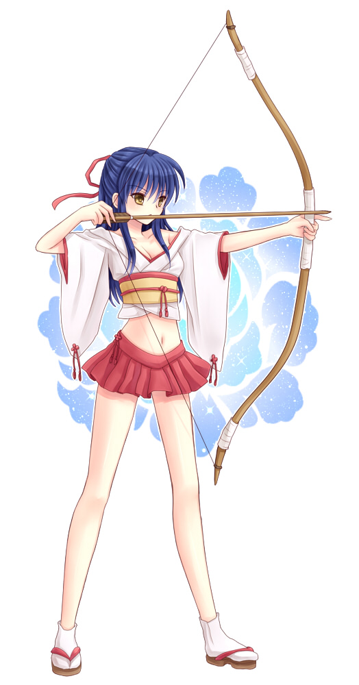aiming arrow bad_id bad_pixiv_id blue_hair bow_(weapon) clannad drawing_bow holding holding_arrow holding_bow_(weapon) holding_weapon japanese_clothes long_hair midriff miniskirt outstretched_arm ritomo sagara_misae sandals skirt solo tabi weapon yellow_eyes