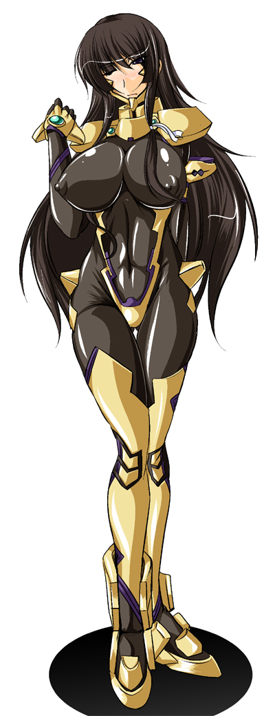 bodysuit boots breasts brown_hair covered_nipples full_body huge_breasts kanten legs long_hair long_legs muvluv muvluv_alternative muvluv_total_eclipse nipples one_eye_closed pilot_suit puffy_nipples see-through simple_background skin_tight solo standing takamura_yui thigh_gap thighs white_background