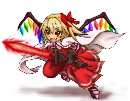 adapted_costume blonde_hair boots cape chibi crystal dress fang final_fantasy final_fantasy_tactics fire flandre_scarlet gloves hozenkakari knight_(fft) laevatein lowres red_eyes short_hair side_ponytail sword touhou weapon wings