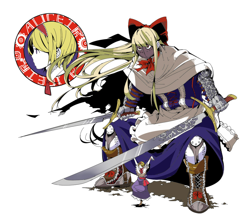 alice_margatroid apron armor arms_up bad_id bad_pixiv_id blonde_hair blue_dress blue_eyes boots bow capelet crane_stance dress dual_persona face_mask gauntlets goliath_doll hair_bow hairband huge_weapon long_hair mask peptide red_eyes sash short_hair size_difference standing standing_on_one_leg sword touhou weapon |_|