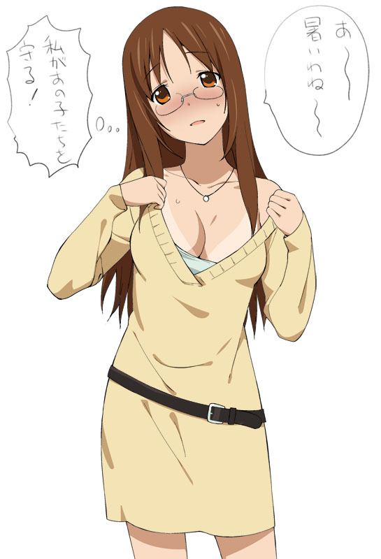 a1 belt blush breasts brown_eyes brown_hair cleavage dress glasses jewelry k-on! large_breasts long_hair necklace off_shoulder solo sweatdrop sweater sweater_dress tan tanline translated yamanaka_sawako