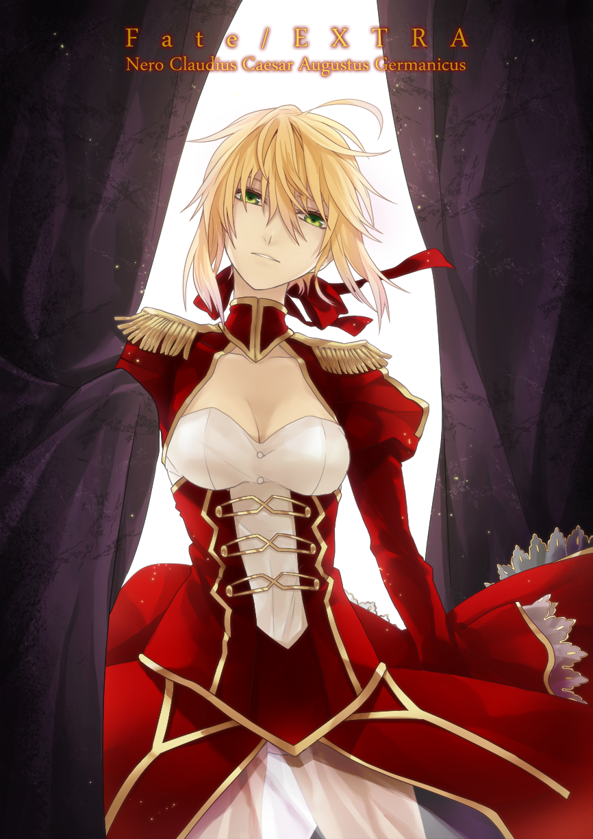 ahoge bad_id bad_pixiv_id blonde_hair breasts buttons center_opening character_name cleavage copyright_name curtain_grab curtains dress epaulettes fate/extra fate_(series) green_eyes hair_ribbon highres kyou_zip lace lace-trimmed_skirt lace-trimmed_sleeves medium_breasts nero_claudius_(fate) nero_claudius_(fate)_(all) panties parted_lips puffy_sleeves red_dress ribbon see-through short_hair skirt solo underwear