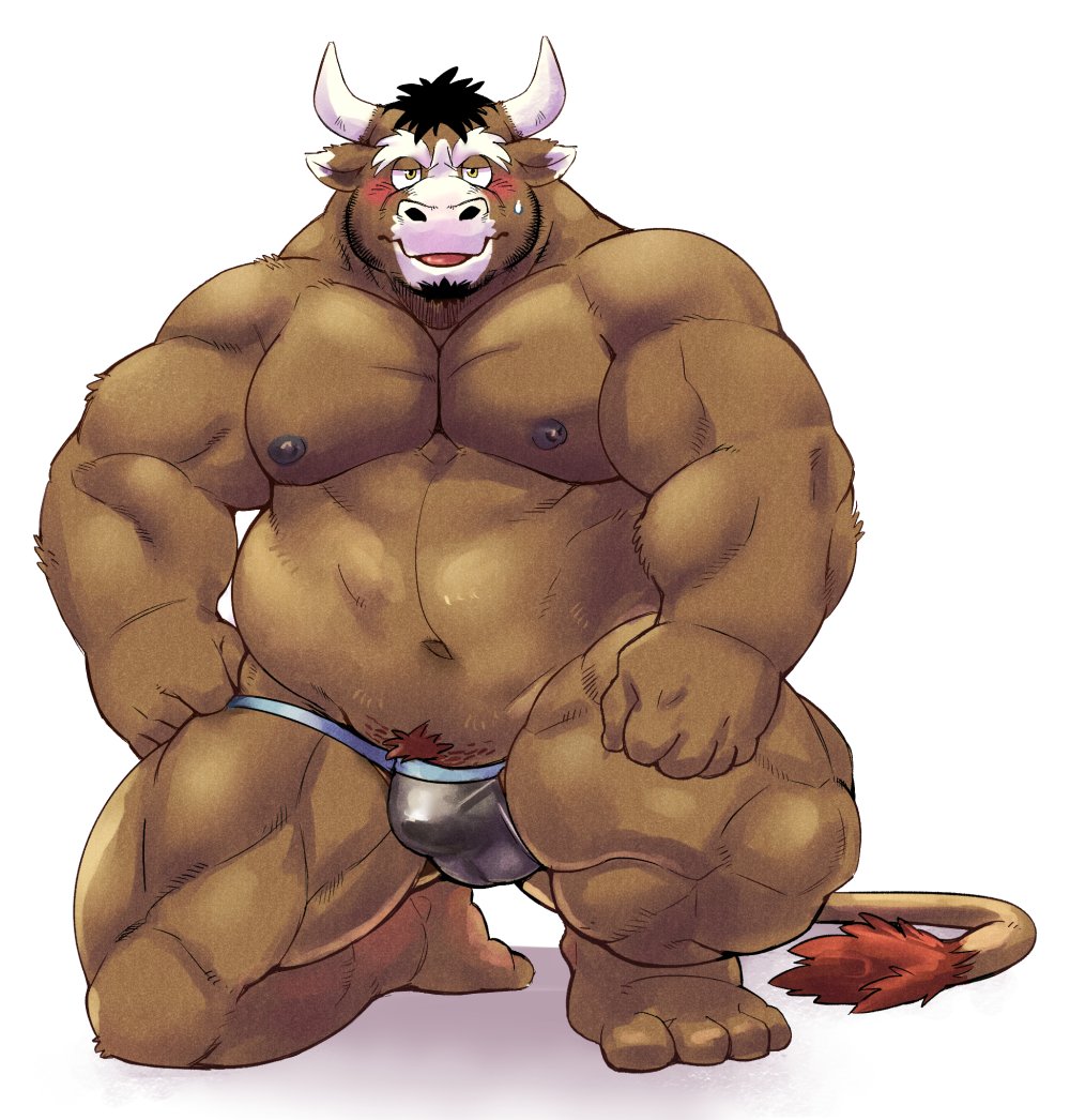 2018 4_toes 5_fingers anthro beard black_hair blush bovine brown_fur bulge cattle clothed clothing facial_hair fur hair horn jockstrap kneeling kumagaya_shin looking_at_viewer male mammal muscular muscular_male navel nipples partially_clothed penis_shaped_bulge pubes solo toes topless underwear yellow_eyes