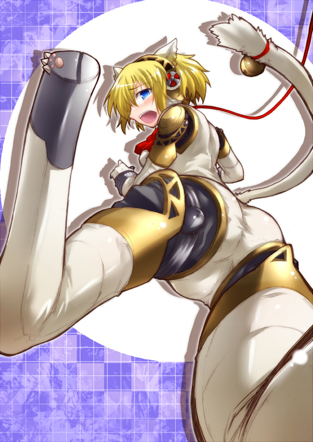 aegis_(persona) android animal_ears ass bell blonde_hair blue_eyes blush cat_ears cat_tail kemonomimi_mode persona persona_3 robot_joints segami_daisuke short_hair solo tail tears