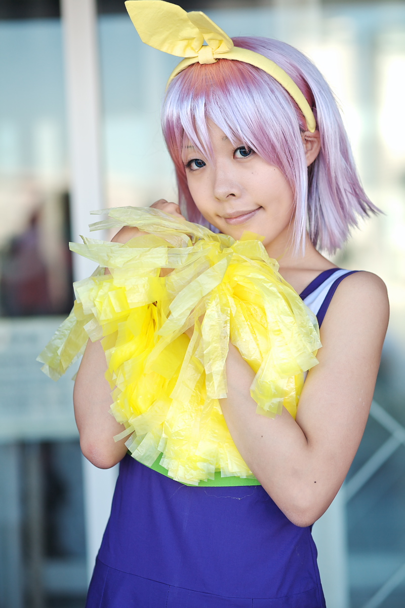 bow cheerleader cosplay hair_bow hairbow highres hiiragi_tsukasa lucky_star maritsuki_haru photo pom_poms purple_hair