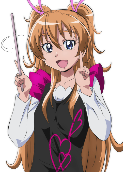 :d blue_eyes brown_hair conductor eyelashes hair_ribbon houjou_hibiki index_finger_raised long_hair manji_(tenketsu) open_mouth precure ribbon smile solo suite_precure two_side_up wand white_background
