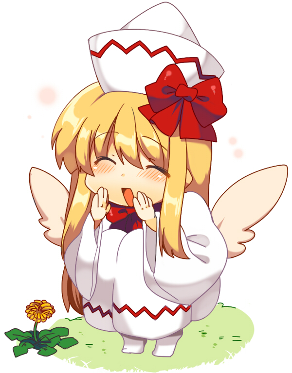 bad_id bad_pixiv_id blonde_hair blush bow chibi closed_eyes dandelion dress flower hat lily_white long_hair matatabi_maru open_mouth simple_background smile solo squatting touhou whispering wings