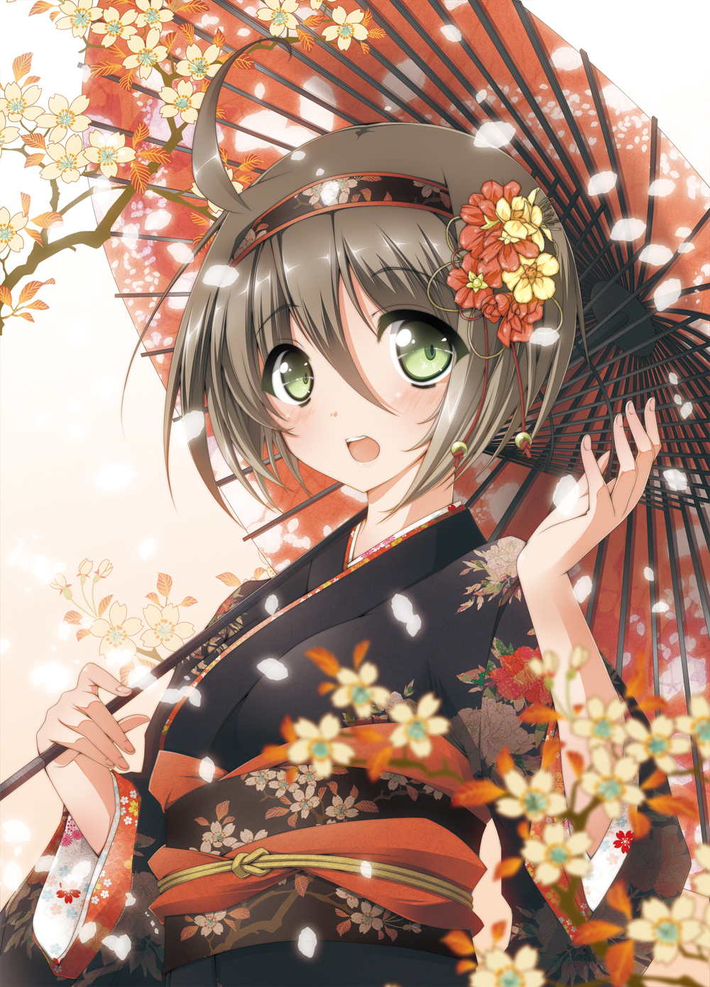 ahoge bad_id bad_pixiv_id bangs blush brown_hair eyebrows_visible_through_hair floral_print flower green_eyes hair_between_eyes hair_flower hair_ornament hairband highres japanese_clothes kimono looking_at_viewer monochrome-arc obi oriental_umbrella original petals sash short_hair smile solo twig umbrella upper_body