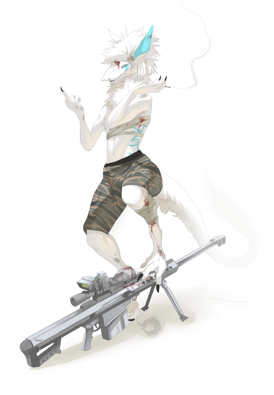 bandage barrett_m107 blood blue_eyes body_markings camo cigarette claws clothing gun lingrimm looking_at_viewer male markings middle_finger plain_background ranged_weapon sergal shorts smoking sniper_rifle solo tail weapon white_background