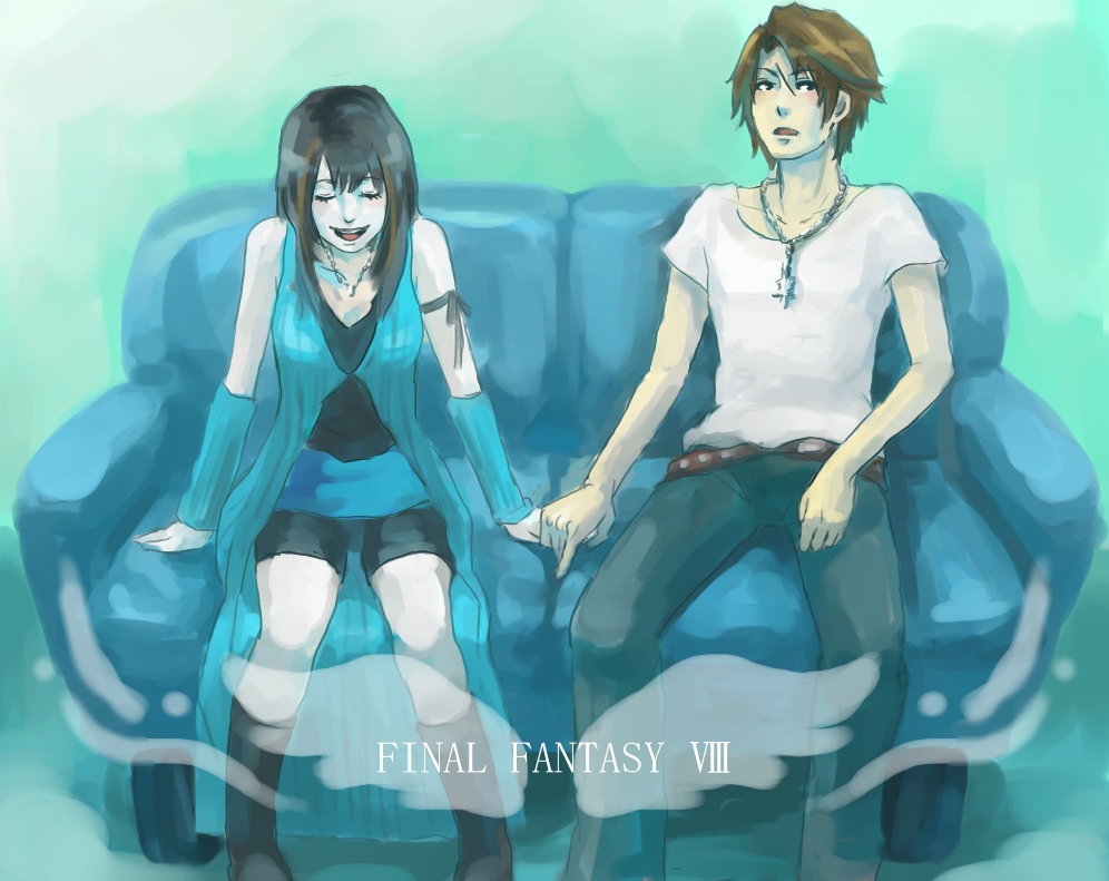 1girl arm_warmers bike_shorts boots brown_hair closed_eyes copyright_name couch final_fantasy final_fantasy_viii habbitrot highlights holding_hands jewelry multicolored_hair necklace rinoa_heartilly scar sitting sleeveless_duster squall_leonhart