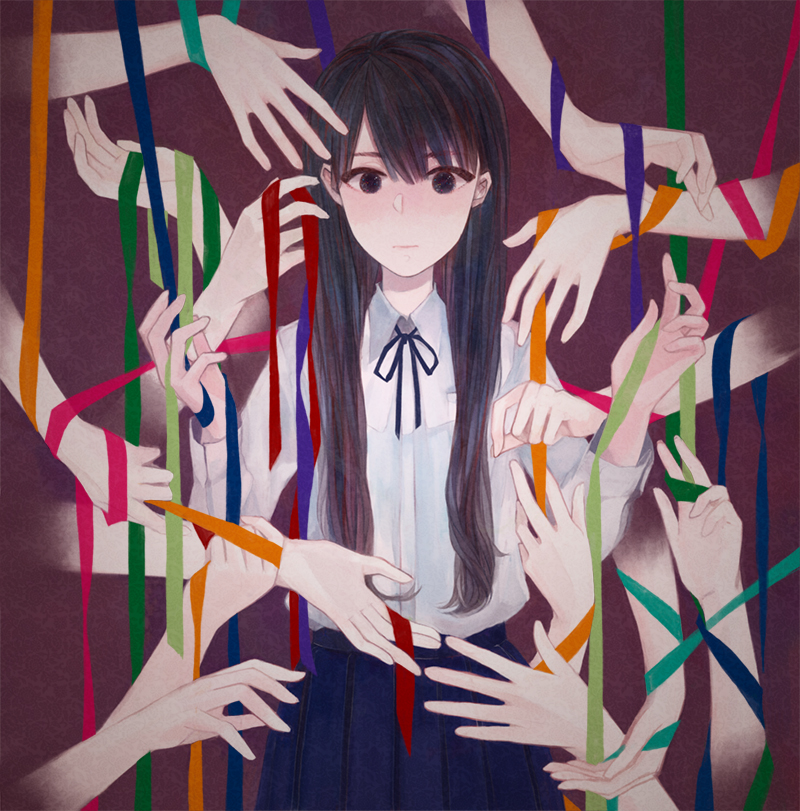 72_(nananatsu) bangs banned_artist black_eyes black_hair dress_shirt entangled expressionless hands long_hair looking_at_viewer neck_ribbon original out_of_frame outstretched_arm outstretched_hand reaching ribbon shirt skirt solo_focus surrounded upper_body