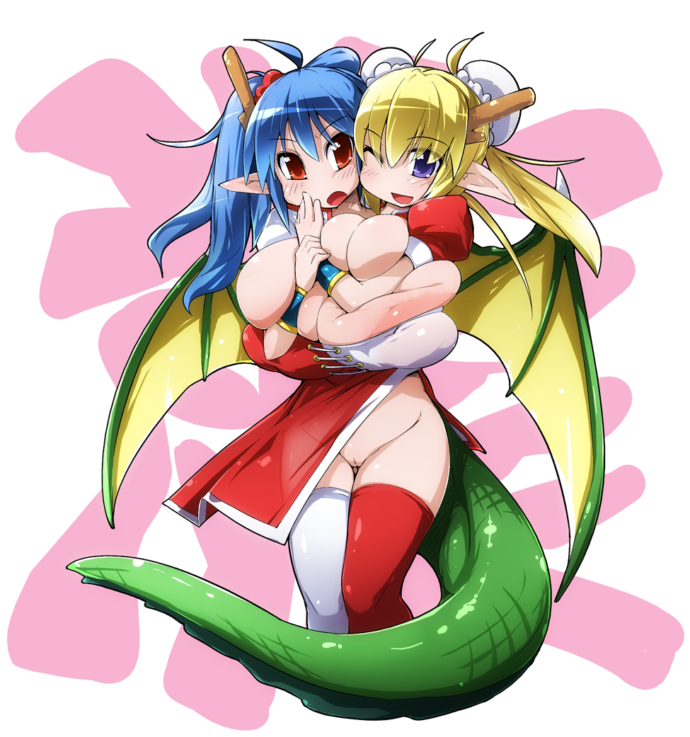 1girl areola_slip areolae blonde blonde_hair blue_eyes blue_hair breast_squeeze breasts chinese_clothes cleavage conjoined dragon_girl dragon_tail dragon_wings dress female gigantic_breasts hair_bun horns huge_nipples long_hair monster_girl multi_head nipples no_panties pointy_ears pussy red_eyes semahiro siamese_twins solo standing tail thighhighs twintails uncensored wings wink