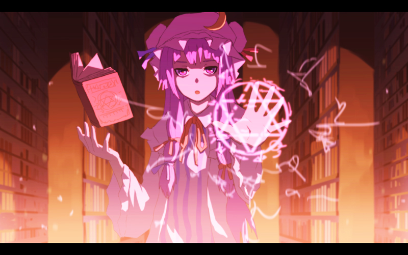 anime_coloring arm_up bad_id bad_pixiv_id book bookshelf crescent dress hair_ribbon hat kurione_(zassou) letterboxed library long_hair magic_circle open_mouth outstretched_hand patchouli_knowledge purple_dress purple_eyes purple_hair ribbon solo sparks striped striped_dress touhou voile