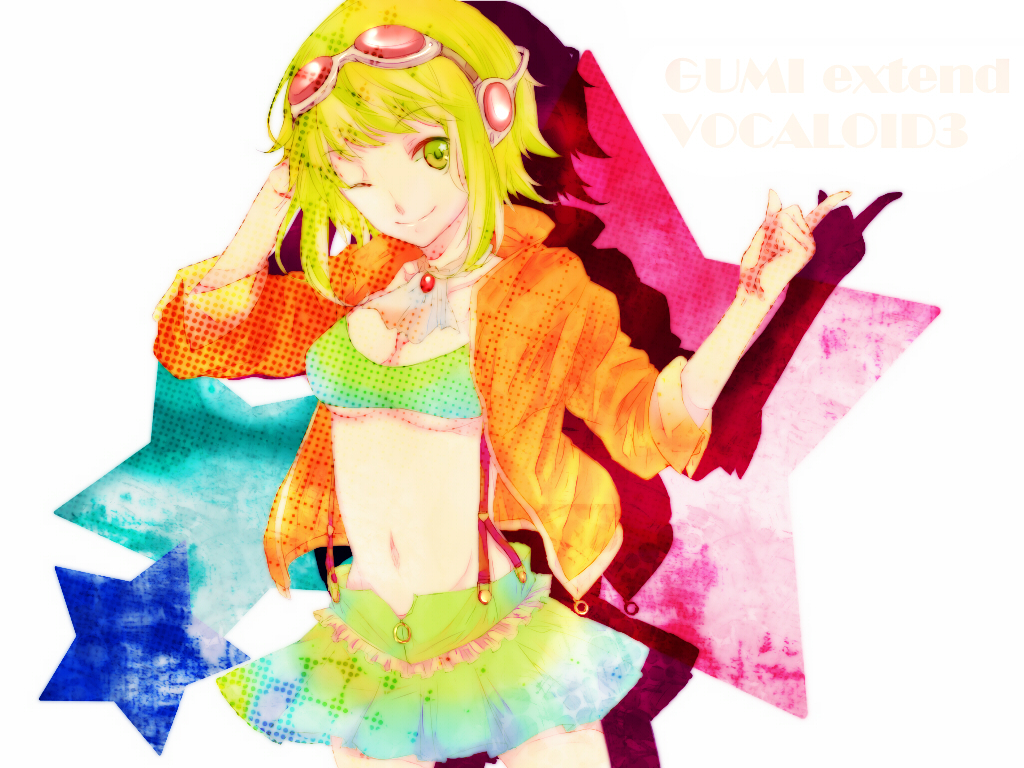 caco goggles goggles_on_head green_eyes green_hair gumi headphones jacket looking_at_viewer megpoid_(vocaloid3) midriff navel one_eye_closed short_hair shorts skirt smile solo suspenders vocaloid
