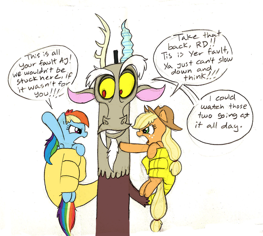 applejack_(mlp) dialog dialogue discord_(mlp) draconequus english_text equine female feral friendship_is_magic group hair horn horse humor male mammal mickeymonster my_little_pony pegasus pony rainbow_dash_(mlp) tail text wings